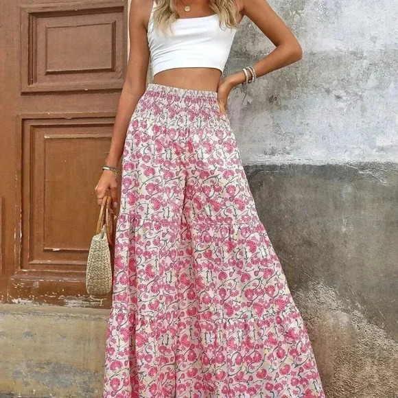 Pink Boho Women's Allover Print High Waist Wrap Around Wide Leg Pants - Picture 5 of 5